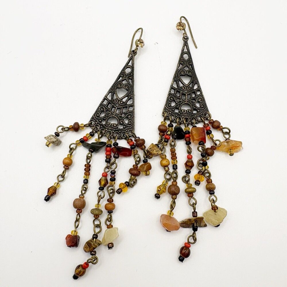 Boho Beaded Chandelier Earrings Bronze Tone Dangle Neutral Color Stones BOHO